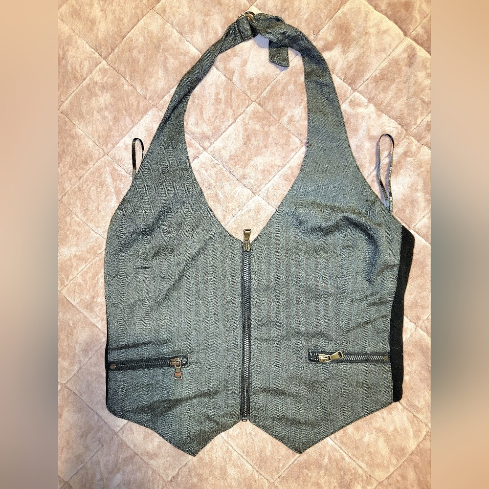 RARE! Vintage retro 50's zip vest halter top grey black